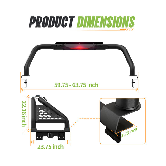 59.75–63.75" Adjustable Width Dakrova Roll Bar | For Ford F-150/Raptor, Ram 1500/2500/3500, Chevy Silverado, GMC Sierra, Toyota Tundra, Nissan Titan Full Size Pickup Trucks
