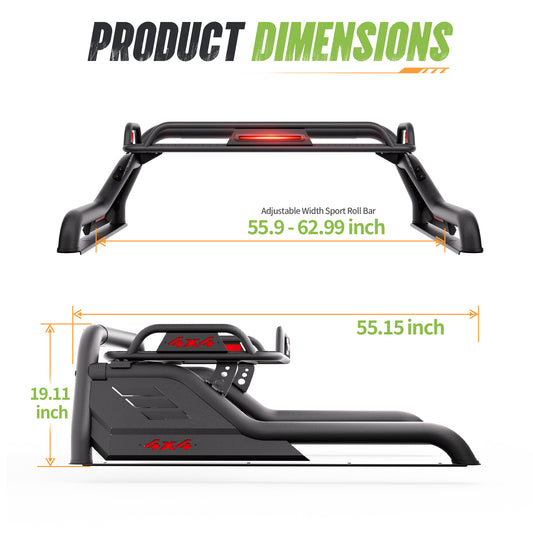 55.9"–62.99" Adjustable Width Dakrova Truck Bed Sport Roll Bar | For Ford Jeep Toyota Chevrolet GMC Nissan