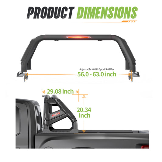 56"–63" Adjustable Width Dakrova Truck Bed Sport Roll Bar, LED Brake Light | For Ford, Jeep, Toyota, Chevrolet, GMC, Nissan