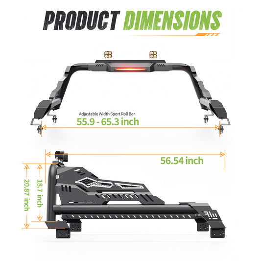 55.9"–65.3" Adjustable Width Dakrova Roll Bar with High Mount Brake Light | For Ford, Jeep, Toyota, Chevrolet, GMC, Nissan, Ram