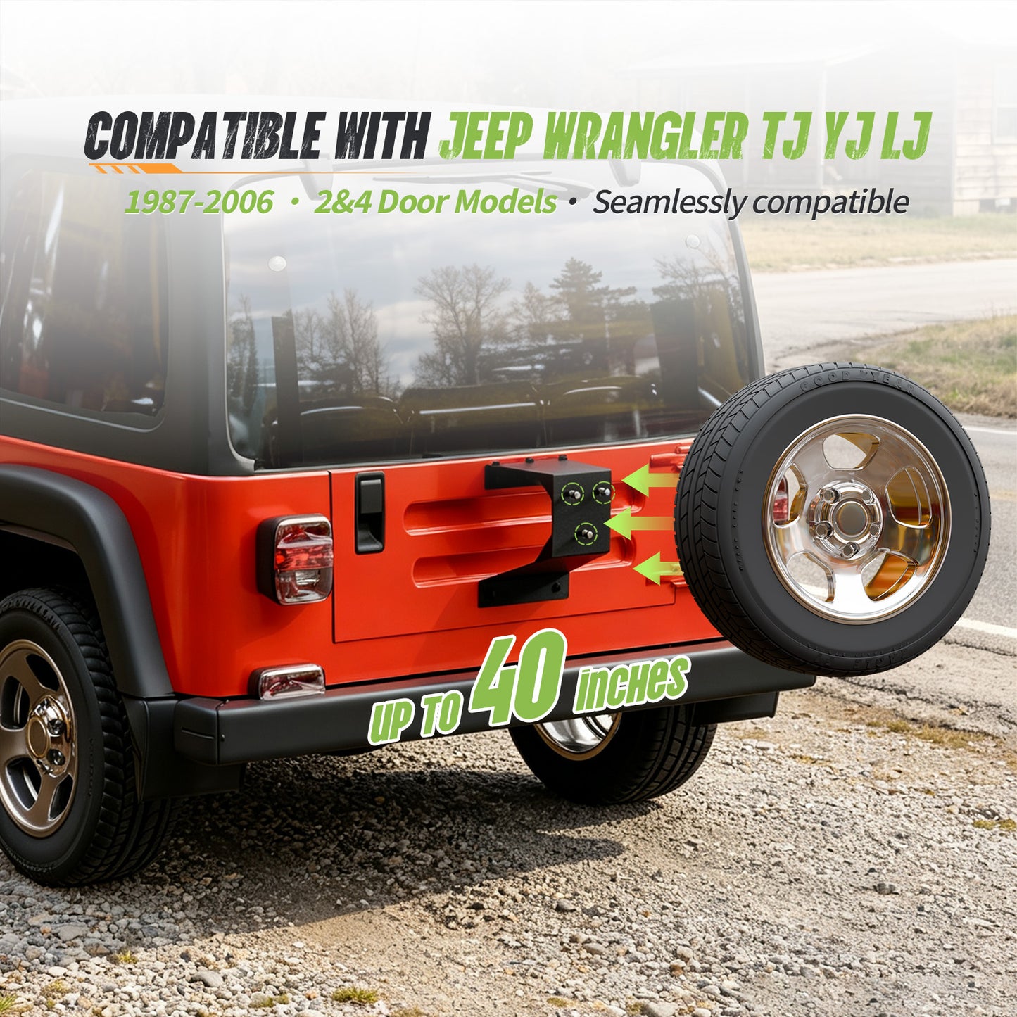 35"–40" Tire, 11" Extension Dakrova Spare Tire Carrier | For 1987-2006 Jeep Wrangler TJ/YJ/LJ