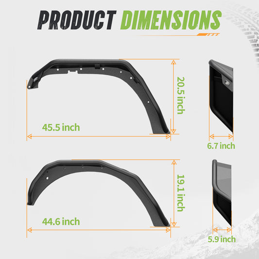 44.6"L Rear / 45.5"L Front Dakrova Tubular Steel Fender Flares, LED Turn Signals | For 2007-2018 Jeep Wrangler JK JKU 2/4 Door, Textured Black