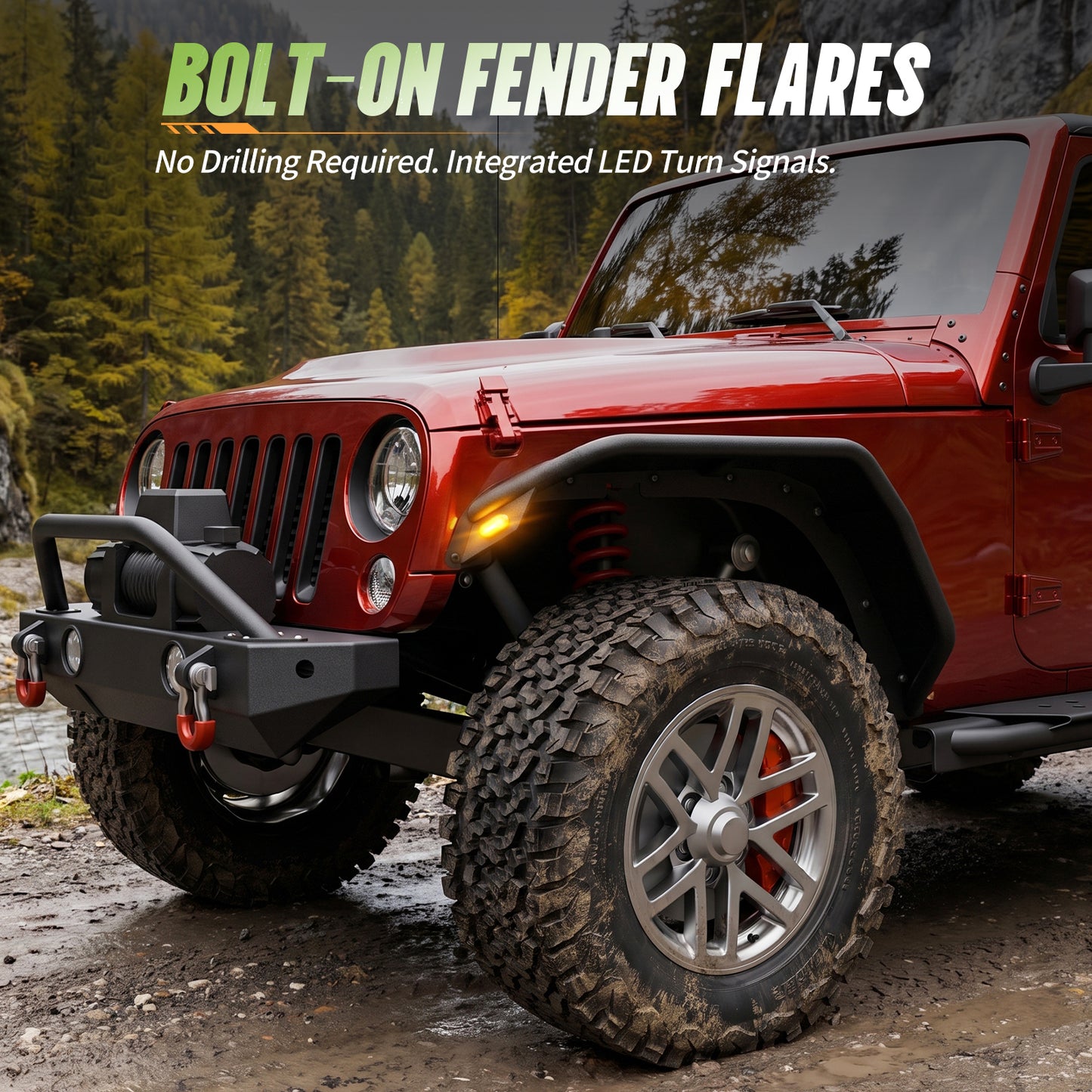 44.6"L Rear / 45.5"L Front Dakrova Tubular Steel Fender Flares, LED Turn Signals | For 2007-2018 Jeep Wrangler JK JKU 2/4 Door, Textured Black