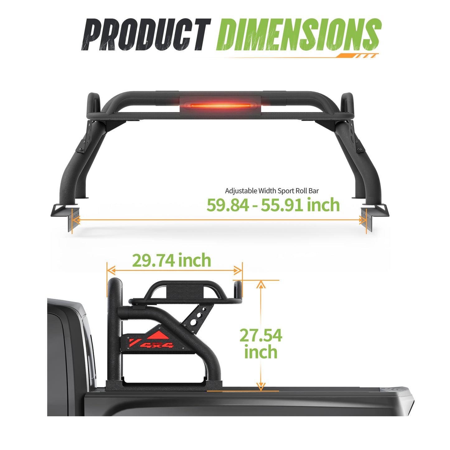 55.91" – 59.84" Adjustable Width Dakrova Roll Bar | For Toyota Tacoma, Chevy Colorado, GMC Canyon, Nissan Frontier, Ford Ranger, Jeep Gladiator JT Mid-Size Pickup Trucks