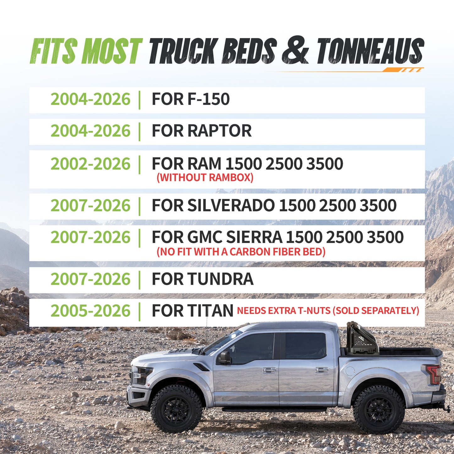 59.75–63.75" Adjustable Width Dakrova Roll Bar | For Ford F-150/Raptor, Ram 1500/2500/3500, Chevy Silverado, GMC Sierra, Toyota Tundra, Nissan Titan Full Size Pickup Trucks