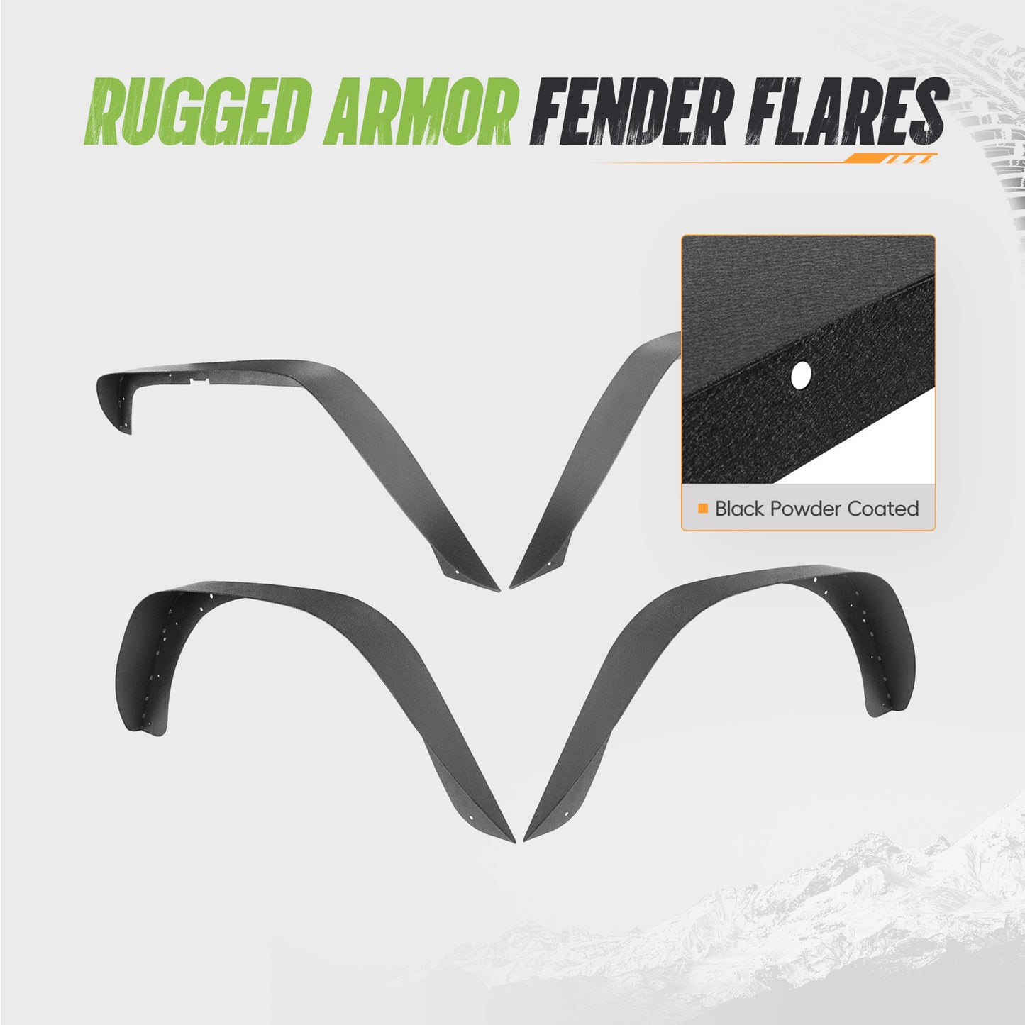 42.51"L Front / 44.09"L Rear Dakrova Steel Flat Fender Flares | For 1997-2006 Jeep Wrangler TJ LJ 2-Door, Textured Black