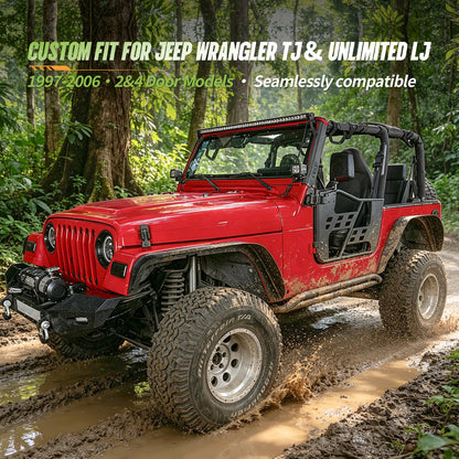 42.51"L Front / 44.09"L Rear Dakrova Steel Flat Fender Flares | For 1997-2006 Jeep Wrangler TJ LJ 2-Door, Textured Black