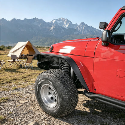 42.51"L Front / 44.09"L Rear Dakrova Steel Flat Fender Flares | For 1997-2006 Jeep Wrangler TJ LJ 2-Door, Textured Black