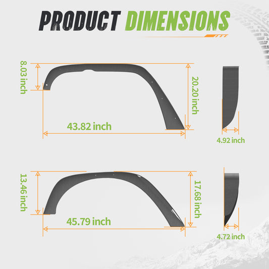 43.82" Front / 45.79" Rear Dakrova Steel Flat Fender Flares, Front & Rear | For 2007-2018 Jeep Wrangler JK/JKU 2/4 Doors