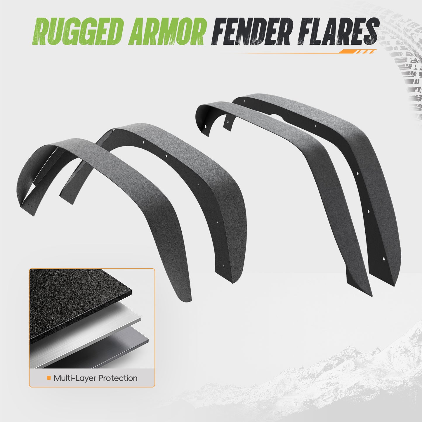 43.82" Front / 45.79" Rear Dakrova Steel Flat Fender Flares, Front & Rear | For 2007-2018 Jeep Wrangler JK/JKU 2/4 Doors
