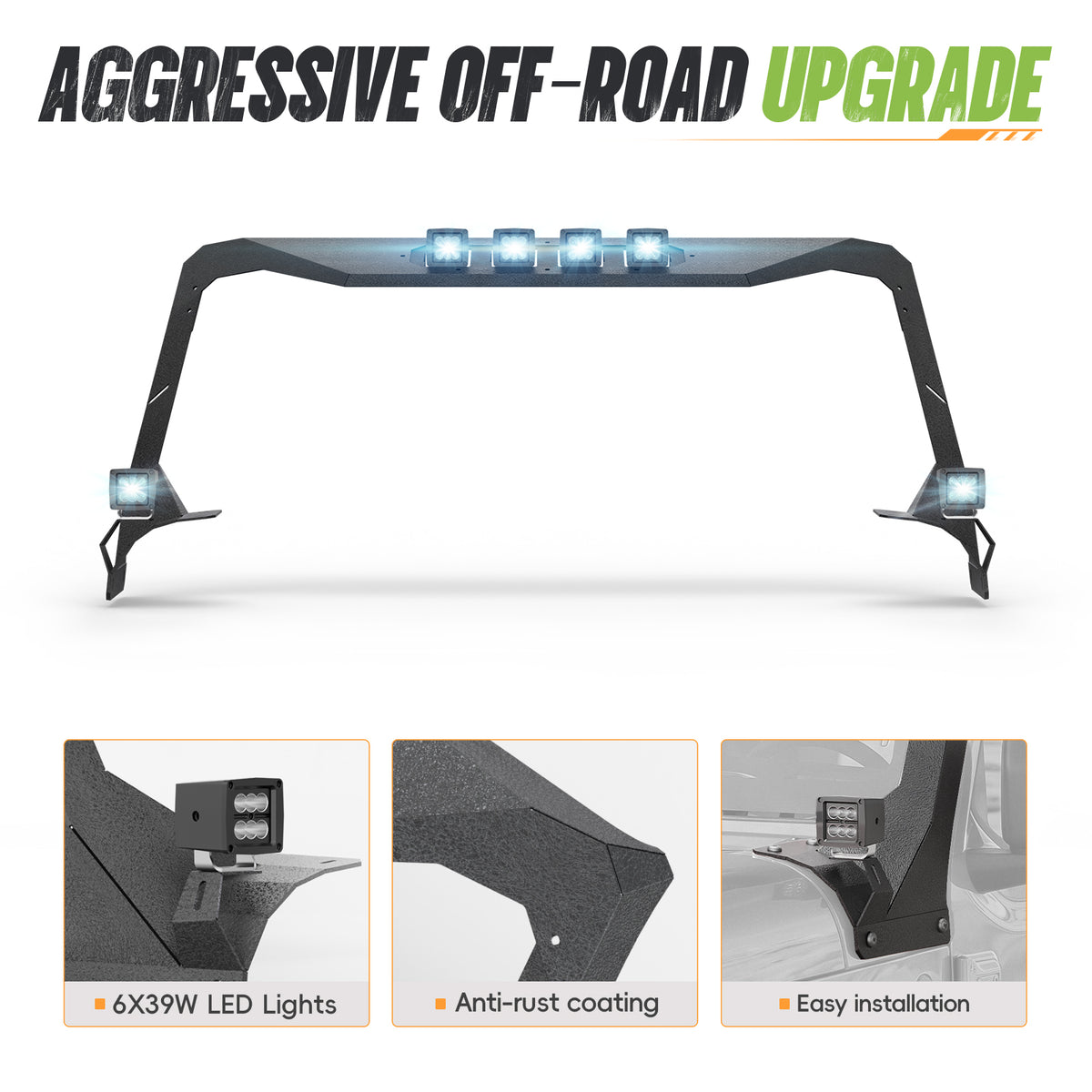 Windshield Frame Cover with 6 × 39W LED Lights | Jeep Wrangler JL/JLU & Gladiator JT