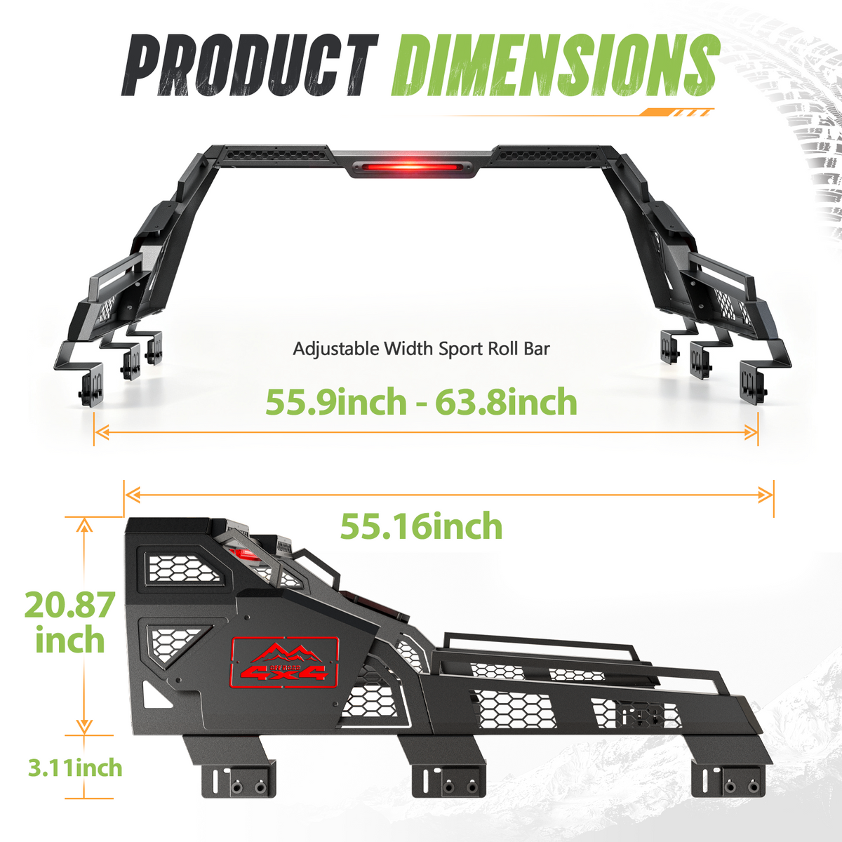 55.9"–63.8" Adjustable Truck Bed Roll Bar with LED Brake Light | Ford F-150