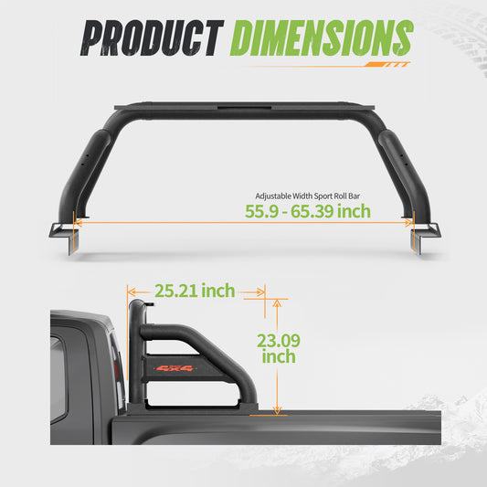 55.91" - 65.39" Adjustable Width Dakrova Roll Bar | For Full & Mid Size Pickup Trucks, Ford, Chevy, GMC, Ram, Toyota, Nissan, Jeep