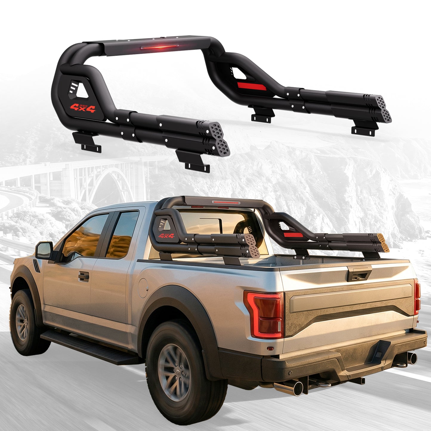 56.00"–65.625" Adjustable Width Dakrova Truck Bed Sport Roll Bar, LED 3rd Brake Light | For Ford, Jeep, Toyota, Chevrolet, GMC, Nissan