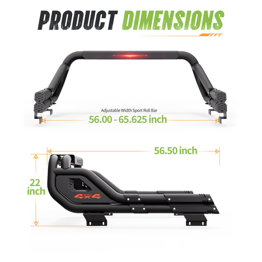 56.00"–65.625" Adjustable Width Dakrova Truck Bed Sport Roll Bar, LED 3rd Brake Light | For Ford, Jeep, Toyota, Chevrolet, GMC, Nissan