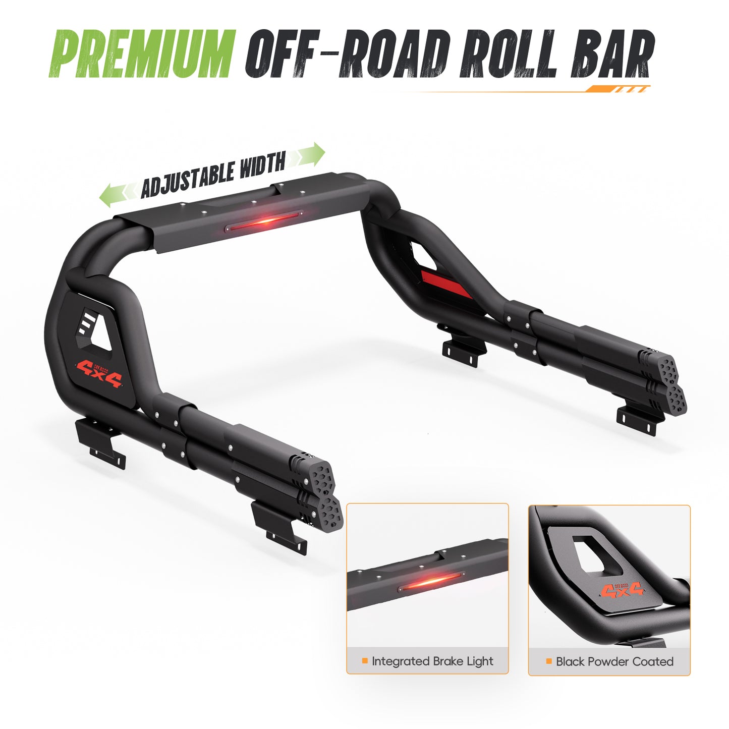 56.00"–65.625" Adjustable Width Dakrova Truck Bed Sport Roll Bar, LED 3rd Brake Light | For Ford, Jeep, Toyota, Chevrolet, GMC, Nissan