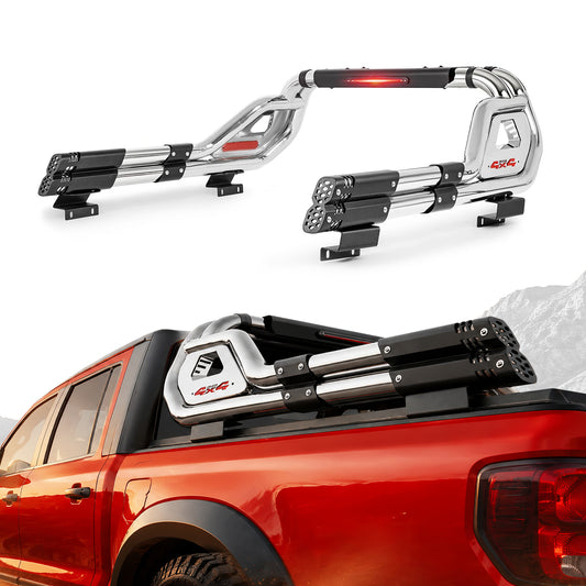 56"–65.6" Adjustable Width Dakrova Chrome Truck Bed Sport Roll Bar, LED 3rd Brake Light | For Ford, Jeep, Toyota, Chevrolet, GMC, Nissan