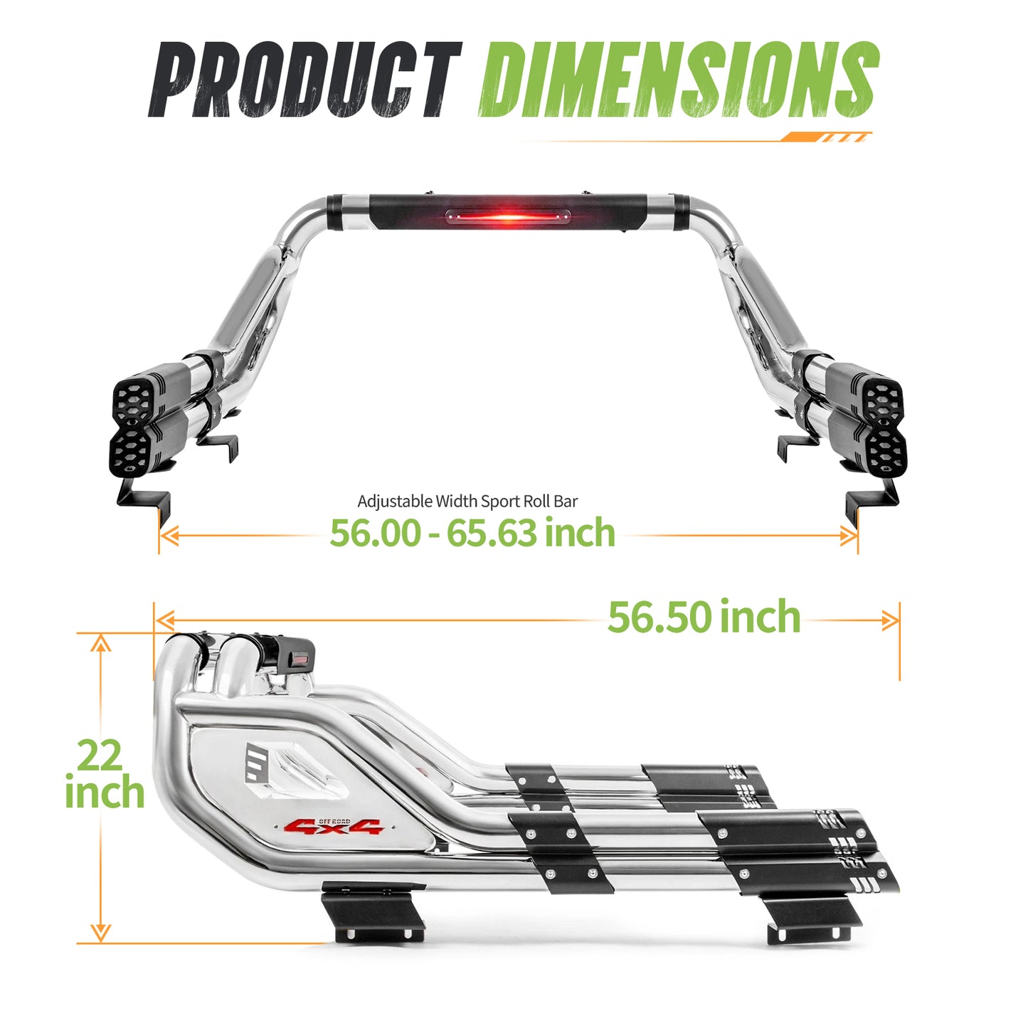 56"–65.6" Adjustable Width Dakrova Chrome Truck Bed Sport Roll Bar, LED 3rd Brake Light | For Ford, Jeep, Toyota, Chevrolet, GMC, Nissan