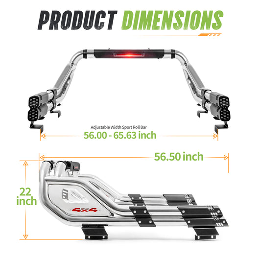 56"–65.6" Adjustable Width Dakrova Chrome Truck Bed Sport Roll Bar, LED 3rd Brake Light | For Ford, Jeep, Toyota, Chevrolet, GMC, Nissan