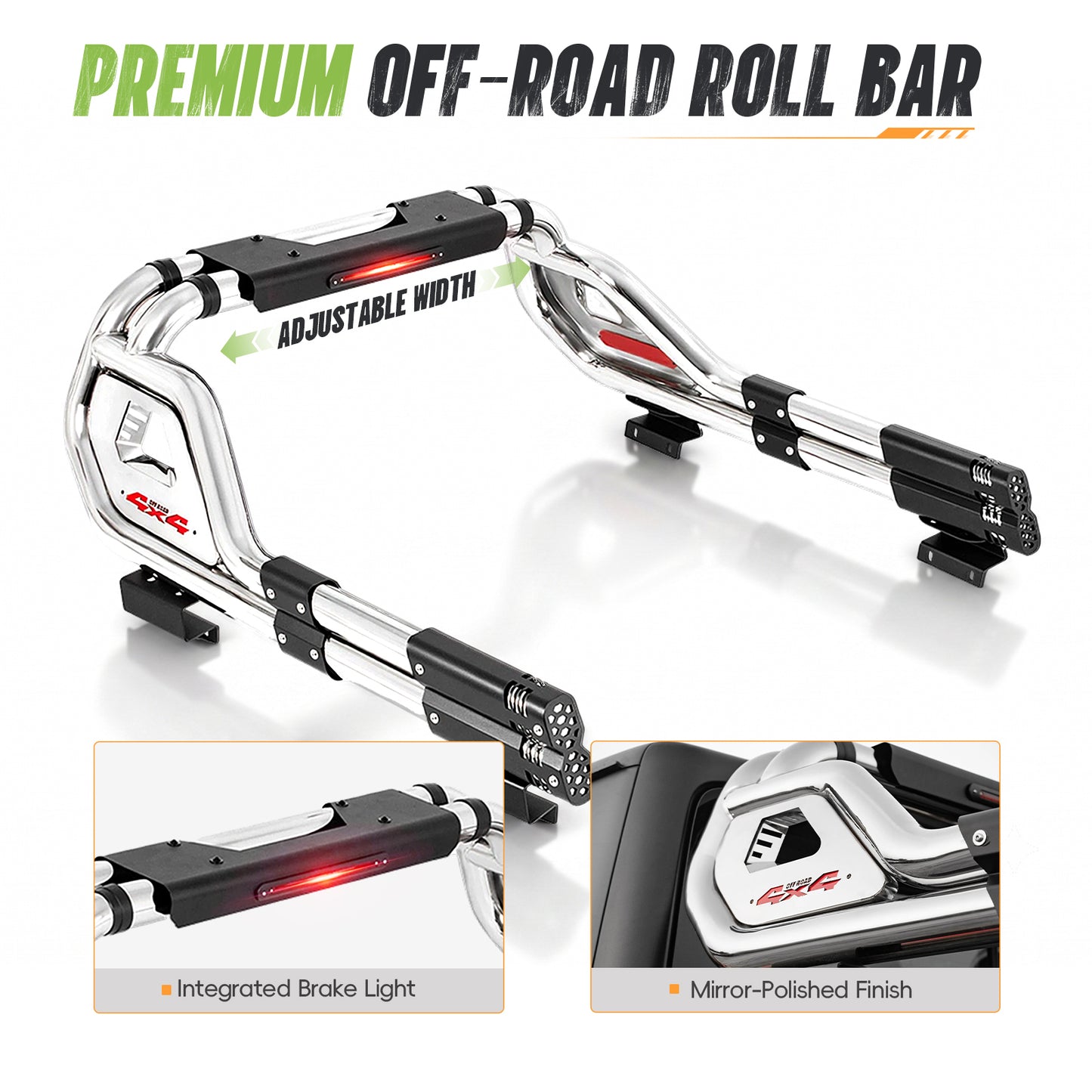 56"–65.6" Adjustable Width Dakrova Chrome Truck Bed Sport Roll Bar, LED 3rd Brake Light | For Ford, Jeep, Toyota, Chevrolet, GMC, Nissan