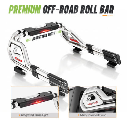 56"–65.6" Adjustable Width Dakrova Chrome Truck Bed Sport Roll Bar, LED 3rd Brake Light | For Ford, Jeep, Toyota, Chevrolet, GMC, Nissan