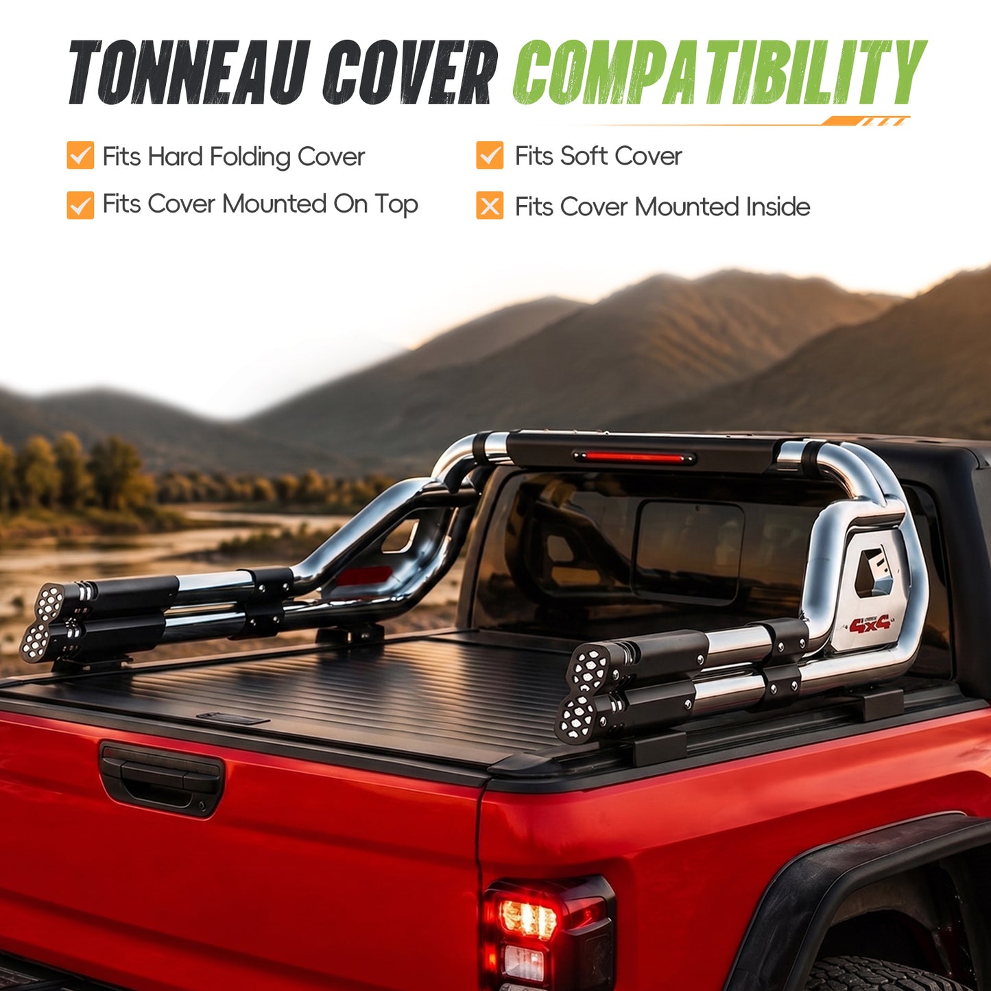 56"–65.6" Adjustable Width Dakrova Chrome Truck Bed Sport Roll Bar, LED 3rd Brake Light | For Ford, Jeep, Toyota, Chevrolet, GMC, Nissan
