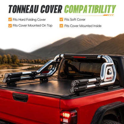 56"–65.6" Adjustable Width Dakrova Chrome Truck Bed Sport Roll Bar, LED 3rd Brake Light | For Ford, Jeep, Toyota, Chevrolet, GMC, Nissan