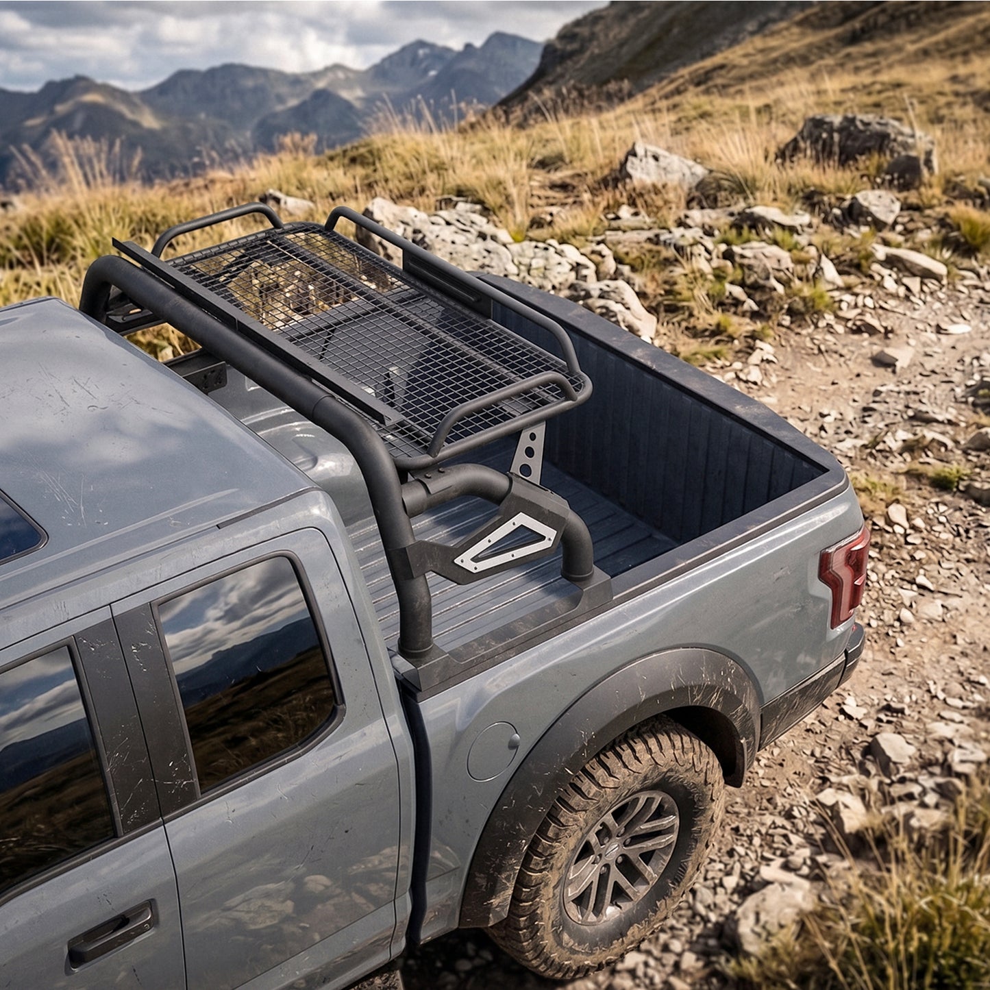 60.23"–64.17" Adjustable Width Dakrova Truck Bed Roll Bar with Cargo Basket | For Ford F-150 Raptor F-250 F-350 F-450 Super Duty, Chevy Silverado, GMC Sierra, Dodge Ram, Toyota Tundra, Nissan Titan Pickup Truck Bed Rack