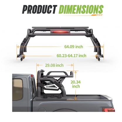 60.23"–64.17" Adjustable Width Dakrova Truck Bed Roll Bar with Cargo Basket | For Ford F-150 Raptor F-250 F-350 F-450 Super Duty, Chevy Silverado, GMC Sierra, Dodge Ram, Toyota Tundra, Nissan Titan Pickup Truck Bed Rack