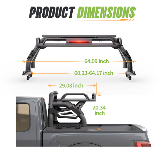 60.23"–64.17" Adjustable Width Dakrova Truck Bed Roll Bar with Cargo Basket | For Ford F-150 Raptor F-250 F-350 F-450 Super Duty, Chevy Silverado, GMC Sierra, Dodge Ram, Toyota Tundra, Nissan Titan Pickup Truck Bed Rack