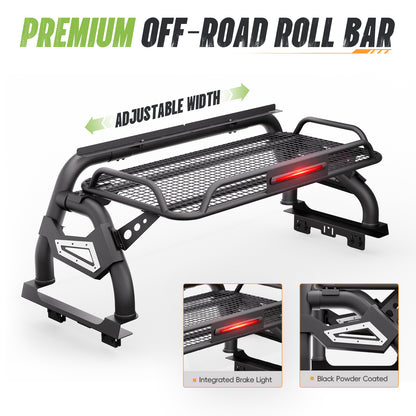 60.23"–64.17" Adjustable Width Dakrova Truck Bed Roll Bar with Cargo Basket | For Ford F-150 Raptor F-250 F-350 F-450 Super Duty, Chevy Silverado, GMC Sierra, Dodge Ram, Toyota Tundra, Nissan Titan Pickup Truck Bed Rack