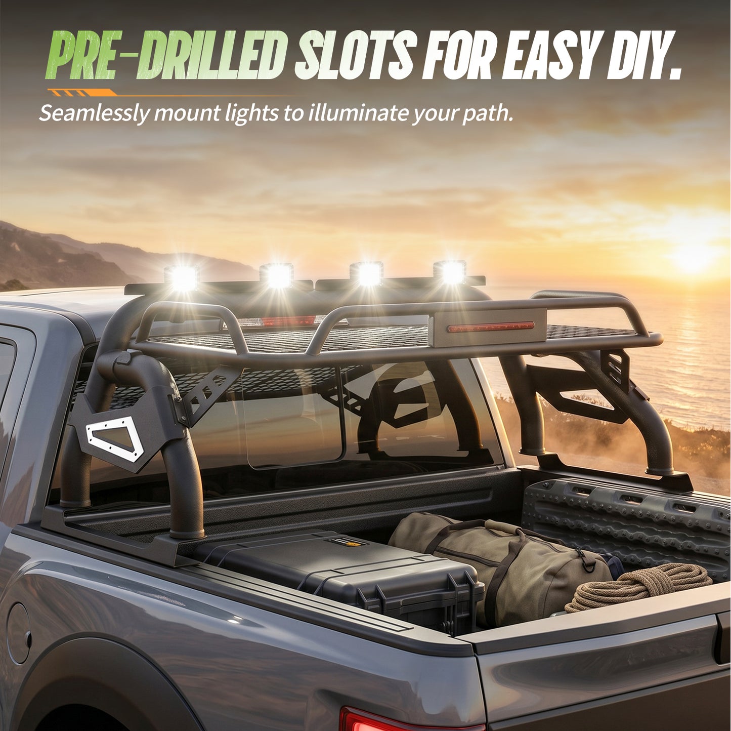 60.23"–64.17" Adjustable Width Dakrova Truck Bed Roll Bar with Cargo Basket | For Ford F-150 Raptor F-250 F-350 F-450 Super Duty, Chevy Silverado, GMC Sierra, Dodge Ram, Toyota Tundra, Nissan Titan Pickup Truck Bed Rack