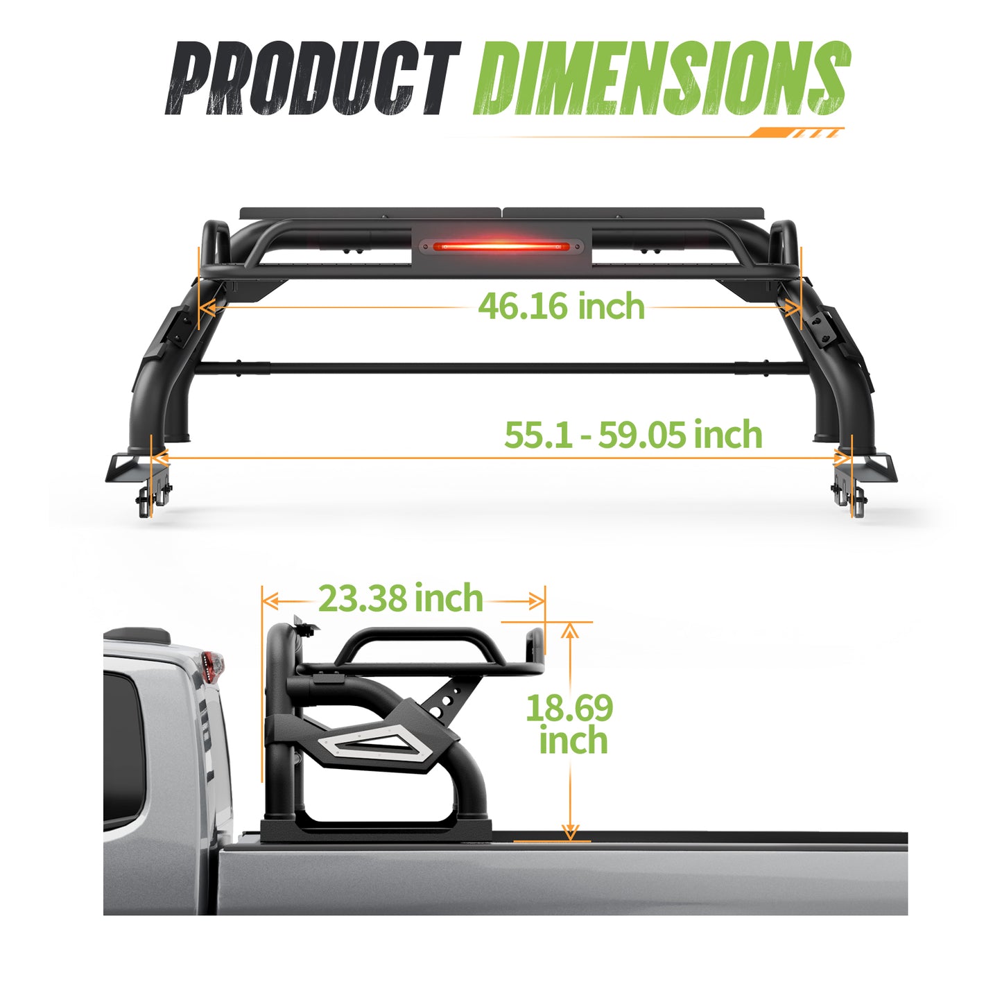 55.1"–59.05" Adjustable Width Dakrova Truck Bed Roll Bar with Cargo Basket | For Ford Ranger, Jeep Gladiator, Toyota Tacoma, Chevy Colorado, GMC Canyon, Nissan Frontier