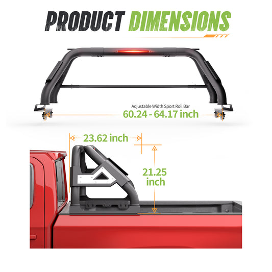 60.24"–64.17" Adjustable Width Dakrova Truck Bed Sport Roll Bar, LED 3rd Brake Light | For Ford F-150, Chevy Silverado, GMC Sierra, Ram, Toyota Tundra, Nissan Titan Full Size Pickup