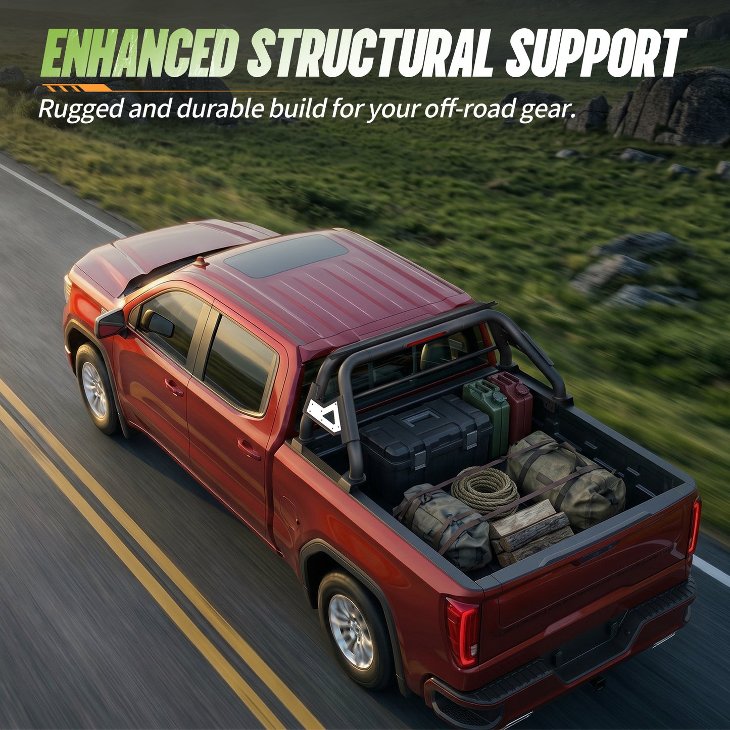60.24"–64.17" Adjustable Width Dakrova Truck Bed Sport Roll Bar, LED 3rd Brake Light | For Ford F-150, Chevy Silverado, GMC Sierra, Ram, Toyota Tundra, Nissan Titan Full Size Pickup