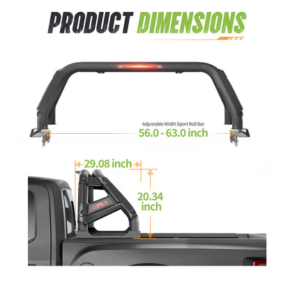 56"–63" Adjustable Width Dakrova Truck Bed Sport Roll Bar, LED Brake Light | For Ford, Jeep, Toyota, Chevrolet, GMC, Nissan