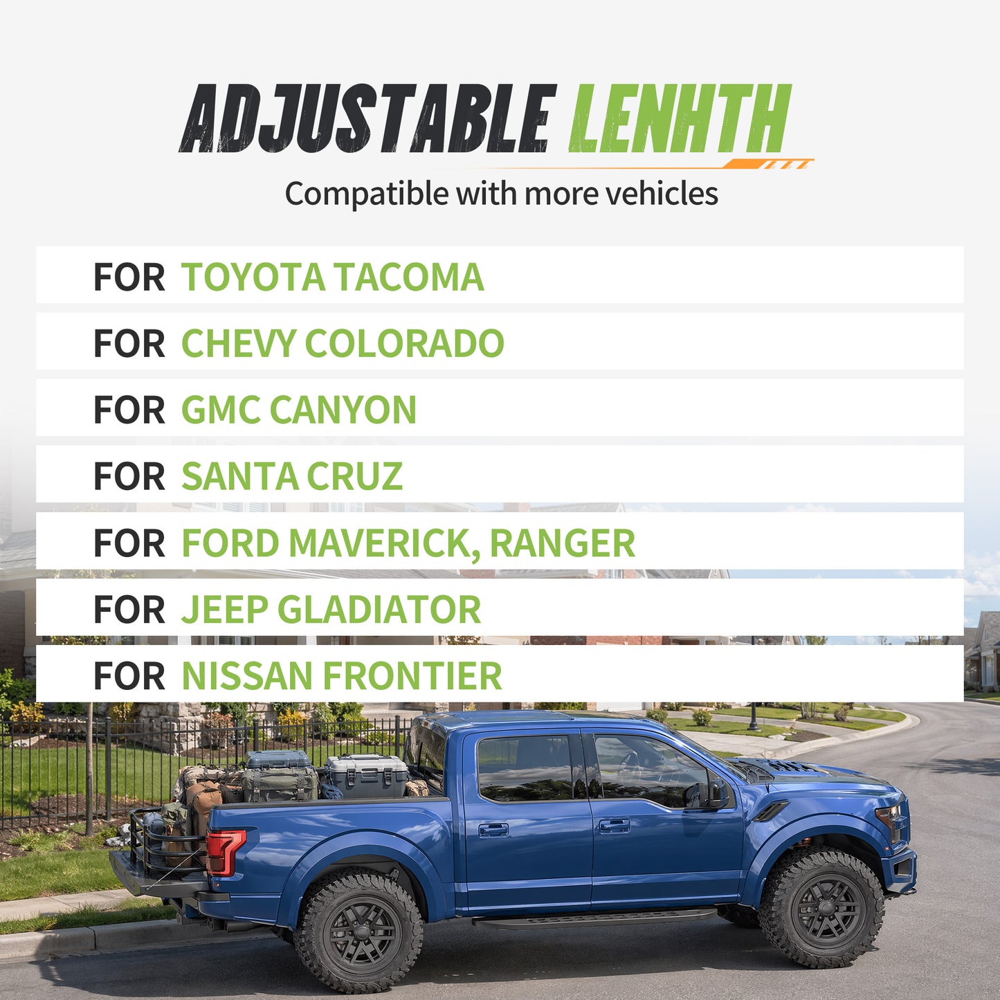 49"–61" Adjustable Width  Dakrova Retractable Truck Bed Extender | For Ford Jeep Toyota Chevrolet GMC Frontier（Mid Size Pickup）