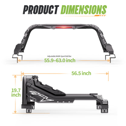 55.9" – 63.0" Adjustable Width Dakrova Roll Bar | For Toyota Tacoma, Ford Ranger, Chevy Colorado, GMC Canyon, Nissan Frontier, Jeep Gladiator JT Mid Size Pickup Trucks