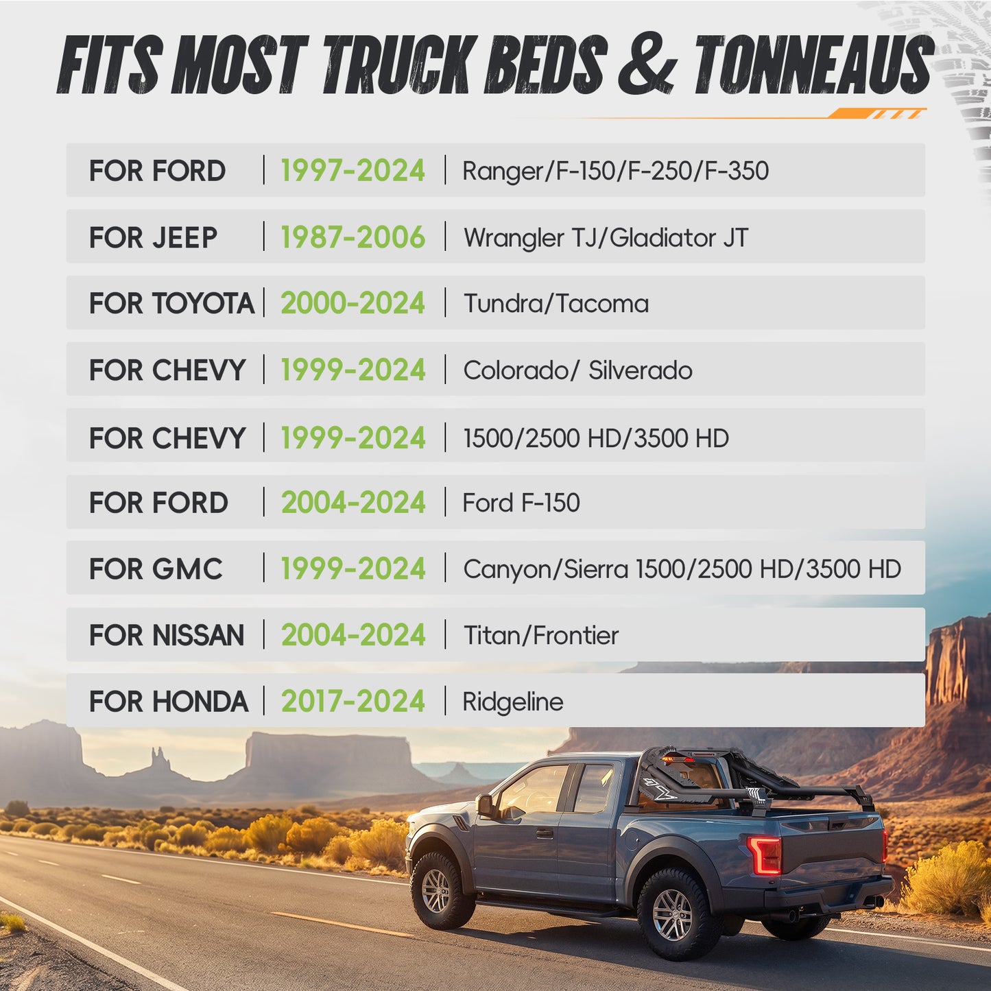 55.9" – 63.0" Adjustable Width Dakrova Roll Bar | For Toyota Tacoma, Ford Ranger, Chevy Colorado, GMC Canyon, Nissan Frontier, Jeep Gladiator JT Mid Size Pickup Trucks